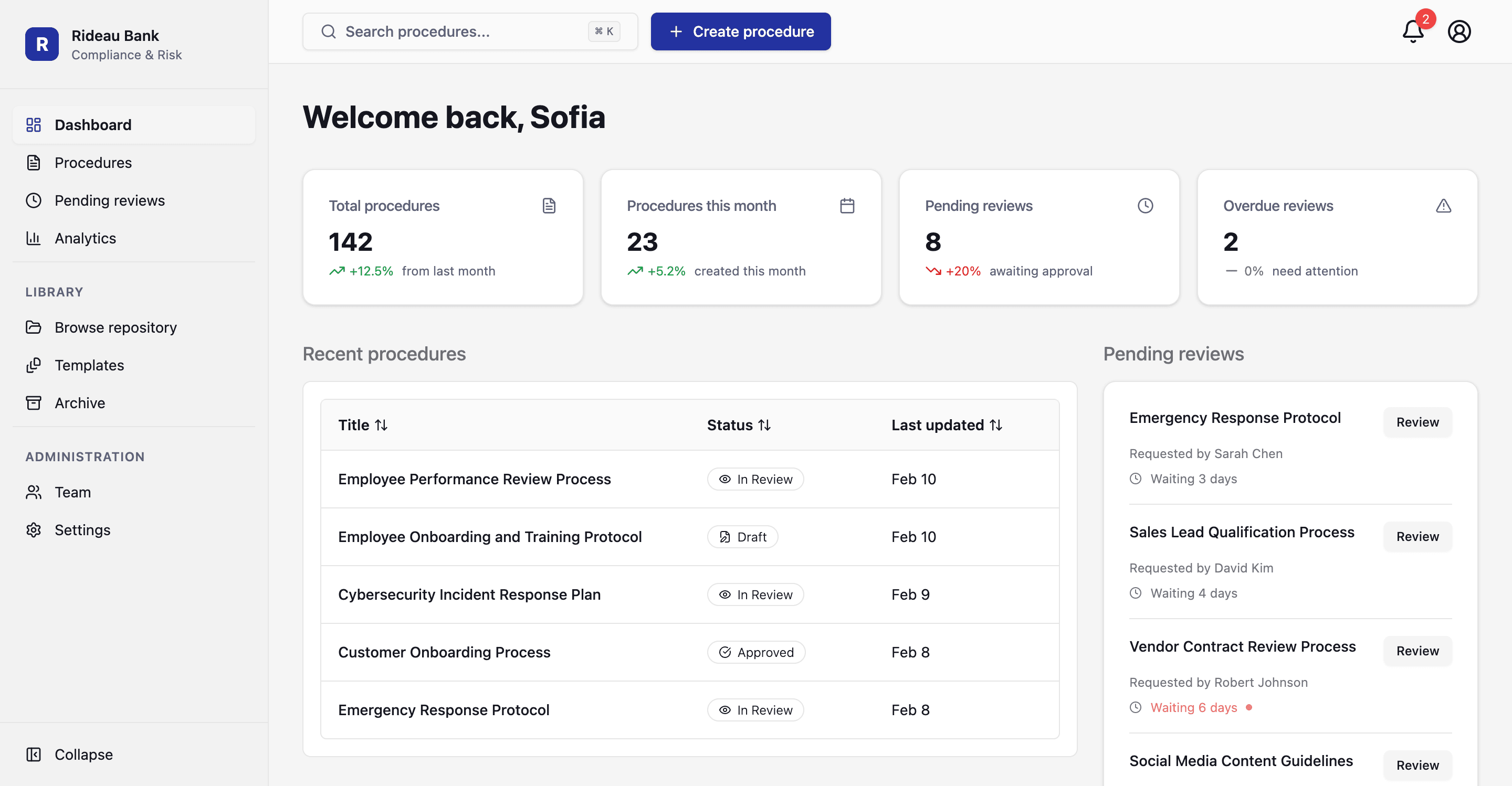 Novari Capture dashboard — compliance procedures, pending reviews, and AI-generated process steps