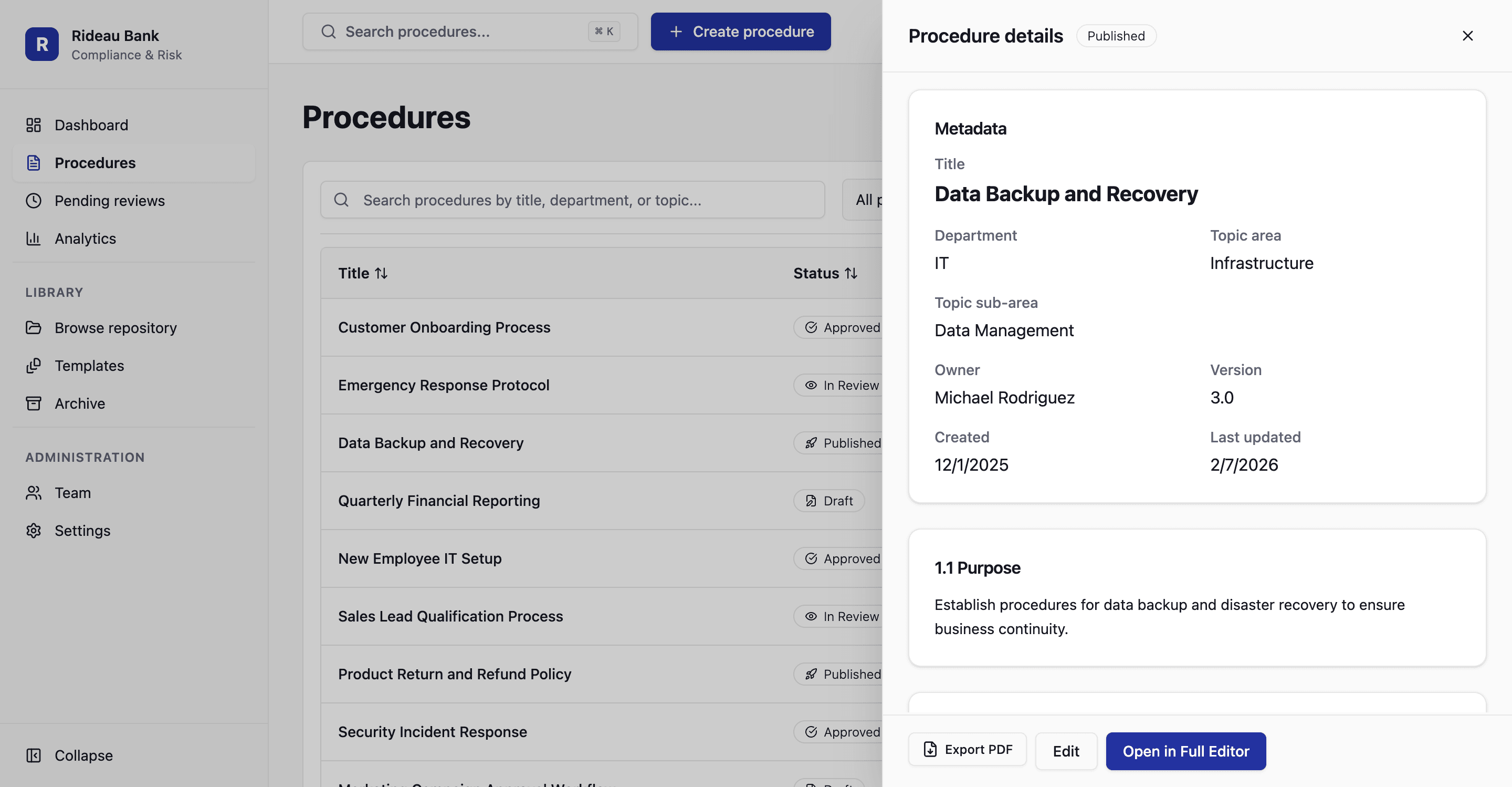 Novari Capture procedure view — step-by-step process documentation with AI-generated content